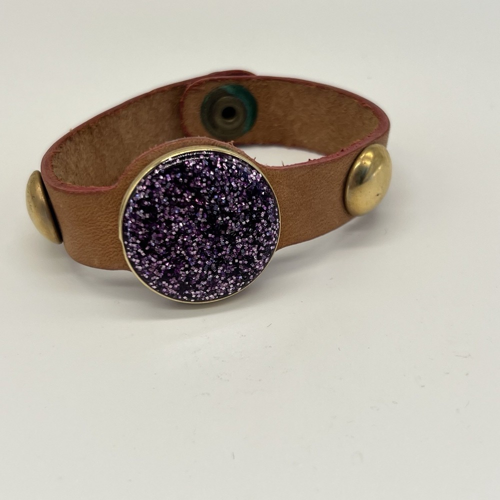 Fiocchi‎ Italy Leather Bracelet Vintage Purple Snap Gold Tone Boho Sparkle